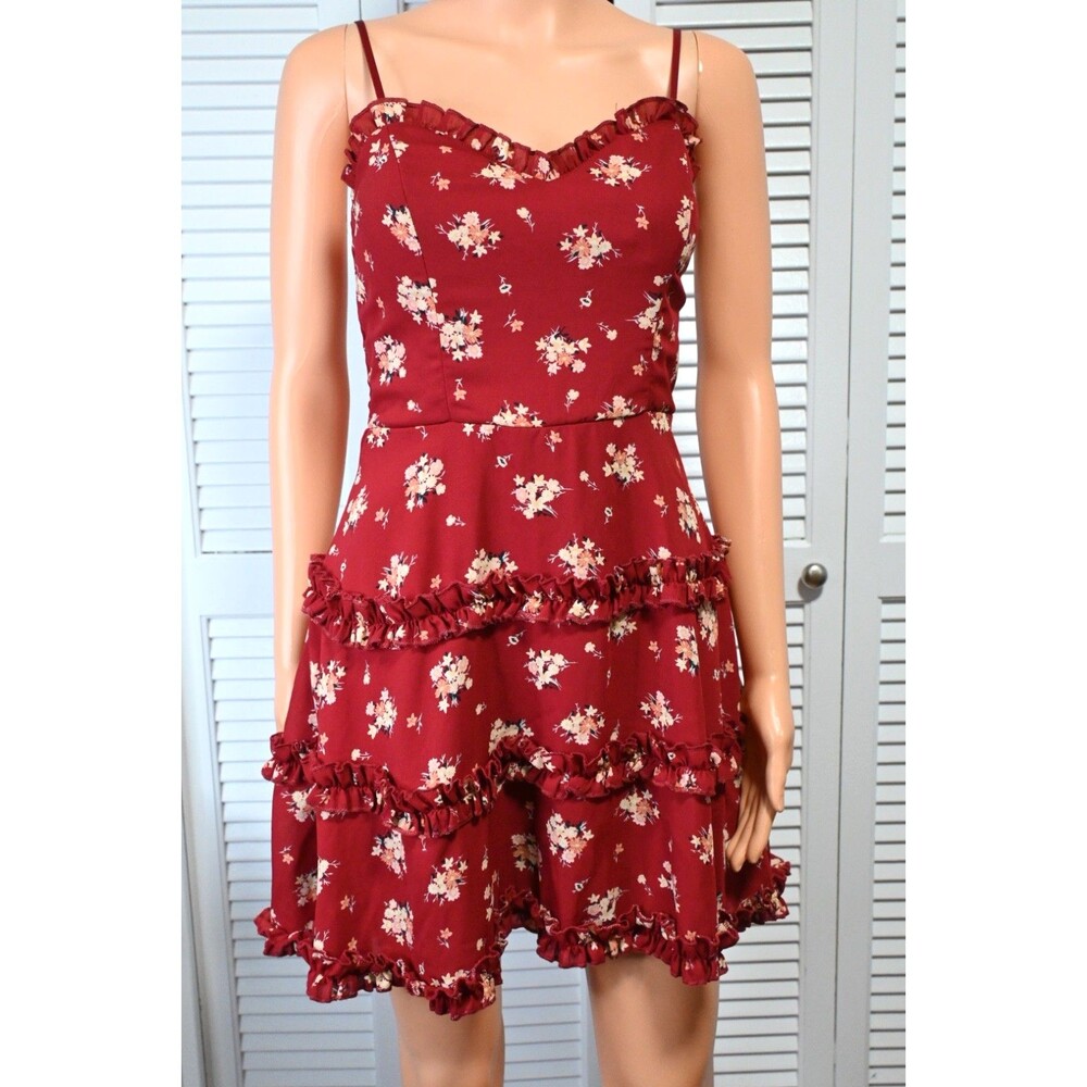Blue Rain Red Floral Mini Dress XS Ruffle Tiered Spaghetti Strap Boho Summer